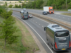 Guideline Coaches GC69 CHC and Readybus GU16 WHU on the A11 near Red Lodge - 7 May 2022 (P1110477)