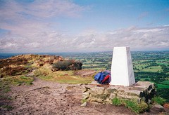 Trig Point (343m) on The Cloud with Congleton Viaduct in the middle distance (Scan from 1999)