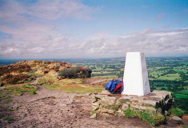 Trig Point (343m) on The Cloud with Congleton Viaduct in the middle distance (Scan from 1999)