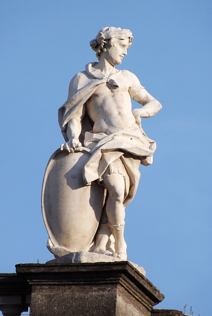 Sculpture of a Figure with a Shield in Piazza Dante in Naples, June 2013