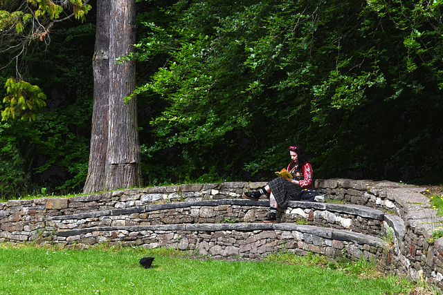 Lady sitting on stone bench reading a book.