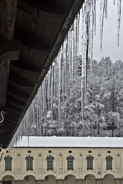 Finally the snow!  Stalactites of ice from the roof, Oropa (Biella)