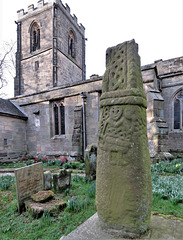 brailsford church, derbs; early c11 cross shaft with warrior holding sword and shield amidst interlace