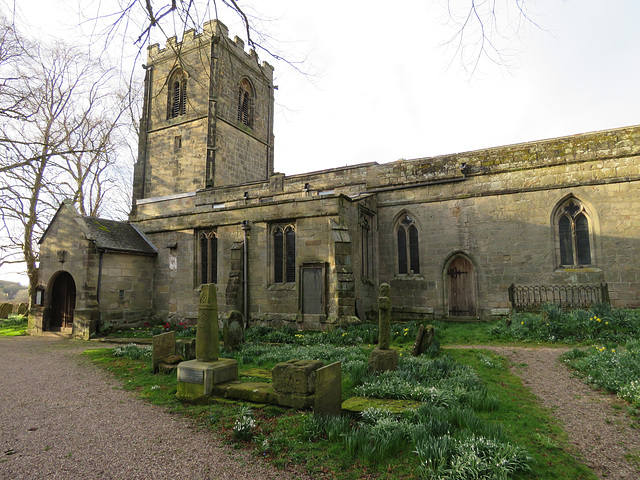 brailsford church, derbs, mostly c14, pre conquest cross shaft in foreground