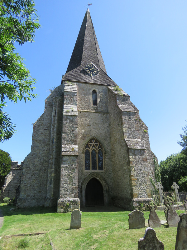 woodchurch church, kent (4)massive buttresses added to the c13 tower, the west window victorian