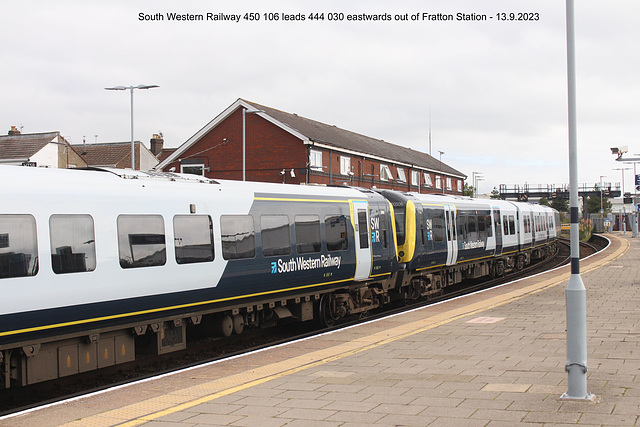 South Western Railway 450 106 leads 444 030 eastwards out of Fratton Station - 13 9 2023