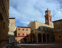 Italy, Pienza, Piazza Pio II with the Clock Tower