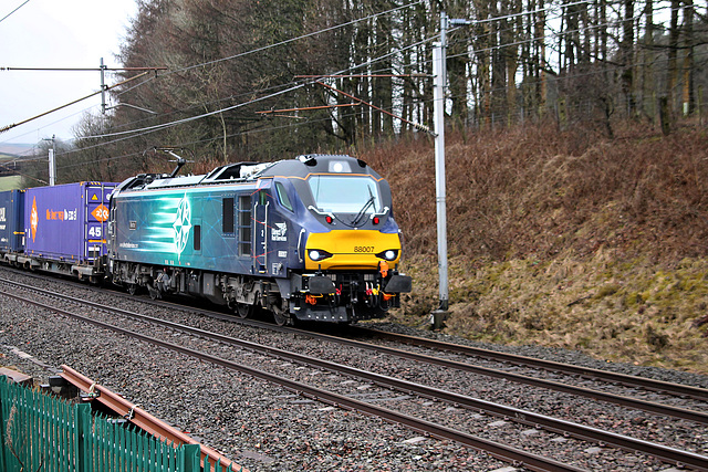 DRS class 88 88007 ELECTRA with 4S43 06:40 Daventry - Mossend Tesco Intermodal at Beckfoot 17th February 2018