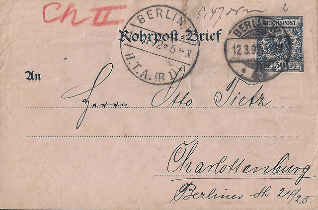 Chute Letter / Rohrpostbrief von 1892
