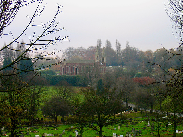 Looking from the Trig Point (174m) to the Mortuary Chapel, Handsworth Cemetery, Grade I Listed Building