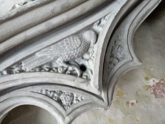 sible hedingham church, essex (26)hunting hawk rebus on cenotaph of condottiere sir john hawkwood +1394. note the bell on his leg.