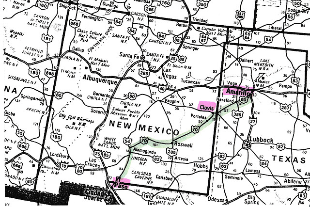 Road map showing route of TNM&O Amarillo -El Paso service