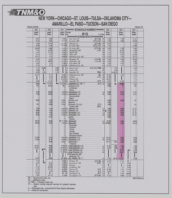 TNM&O Amarillo -El Paso timetable 7 Sep 1994