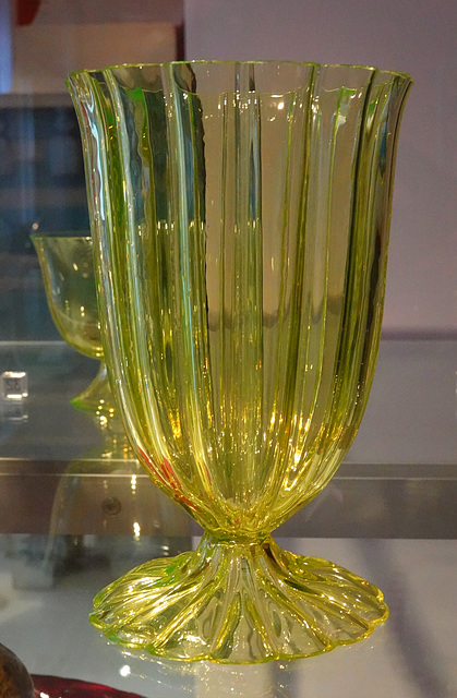 Vase by Joseph Hoffmann, Bohemia 1923. Yellow-green glass.