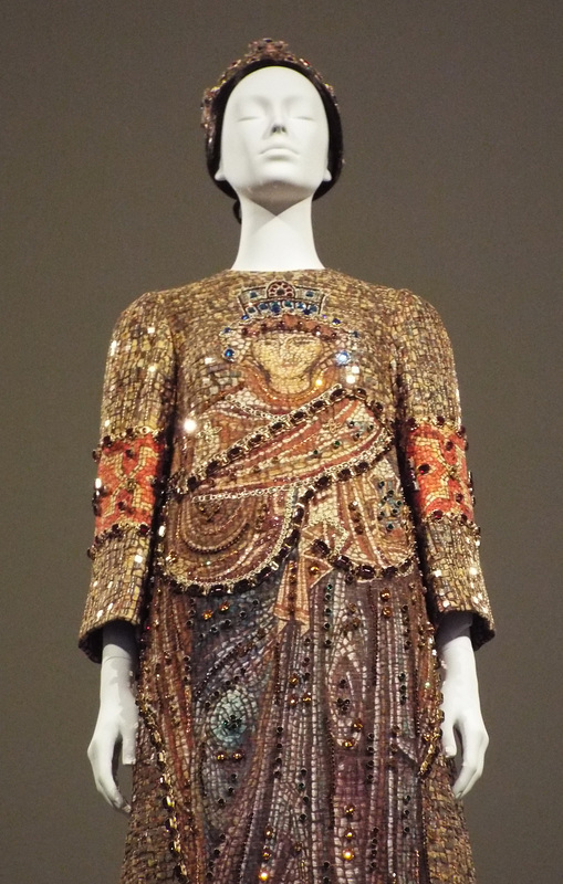 Detail of a Byzantine Mosaic Style Dress by Dolce & Gabbana in the Metropolitan Museum of Art, May 2018