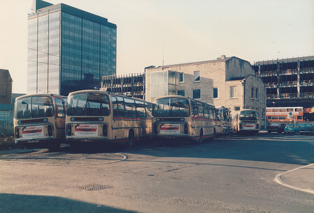 Yelloway coaches parked at Rochdale – Mar 1986 (35-)