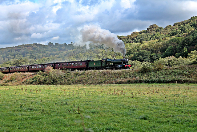 Hawksworth GWR 6959 class Modified Hall 4-6-0 6990 WITHERSLACK HALL at Esk Cottages with the 14.44 Grosmomt - Pickering service 28th September 2019.