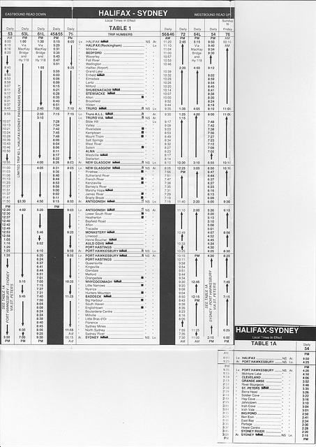 Acadian Lines Halfax-Sydney (Nova Scotia) timetable from 6 April 1992 Acadian Lines Halfax-Sydney (Nova Scotia) timetable from 6 April 1992