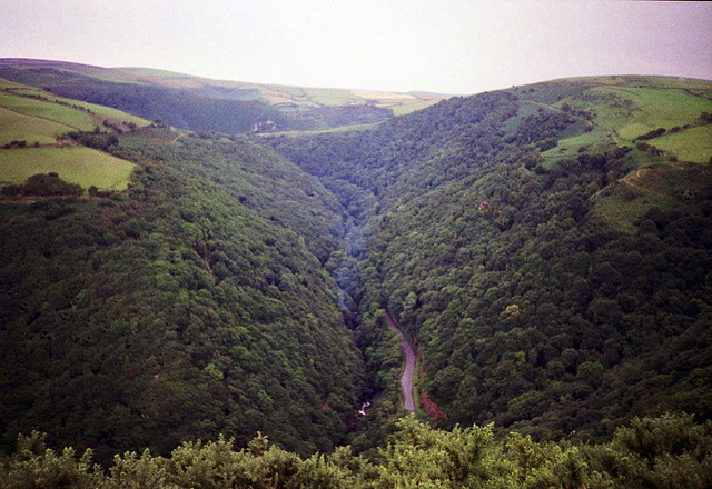 Looking upstream along the East Lyn River towards Watersmeet from the Two Moors Way  (Scan from July 1991)