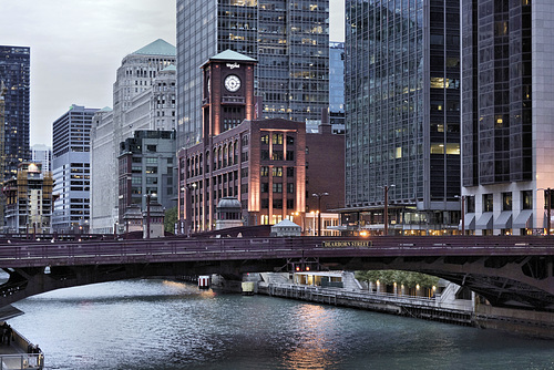 Chicago River at Dusk – Viewed from the State Street Bridge, Chicago, Illinois, United States