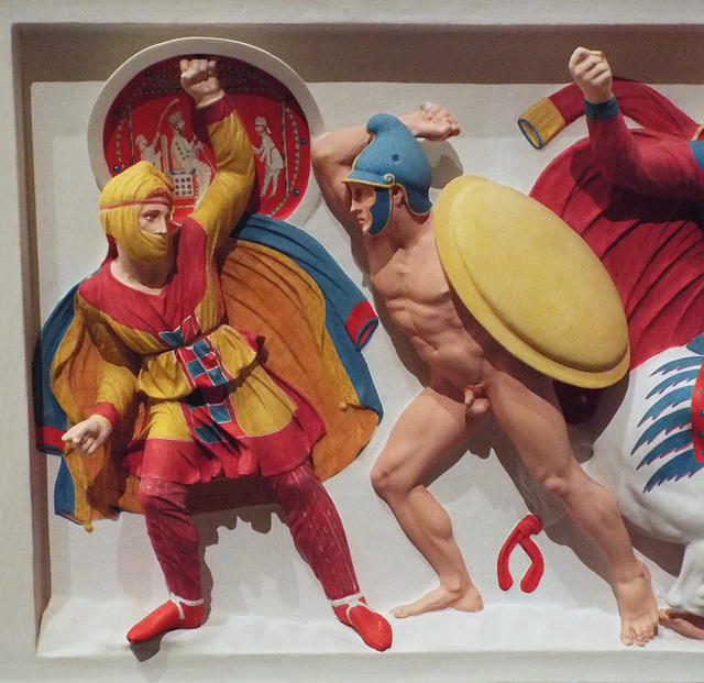 Detail of the Color Reconstruction of The Alexander Sarcophagus: Frieze with Greeks vs. Persians in the Metropolitan Museum of Art, December 2022