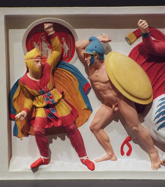 Detail of the Color Reconstruction of The Alexander Sarcophagus: Frieze with Greeks vs. Persians in the Metropolitan Museum of Art, December 2022