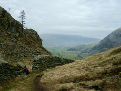 Time for tea and shelter at the wall just above Wren's Crag at the start of Long Band