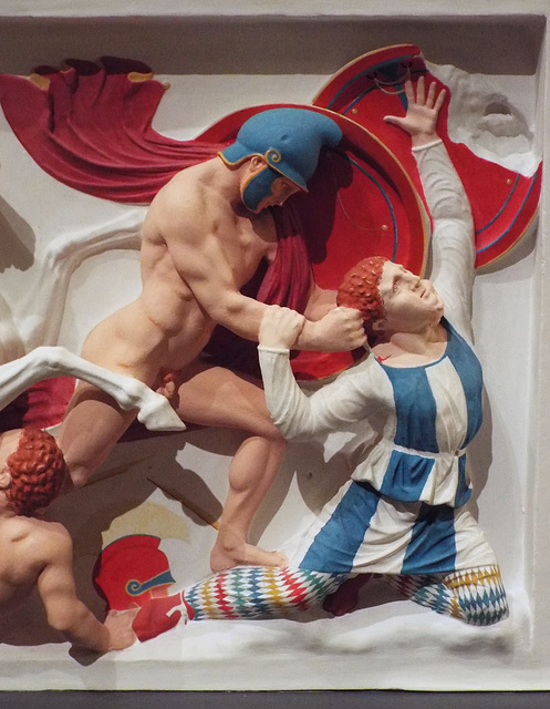 Detail of the Color Reconstruction of The Alexander Sarcophagus: Frieze with Greeks vs. Persians in the Metropolitan Museum of Art, December 2022