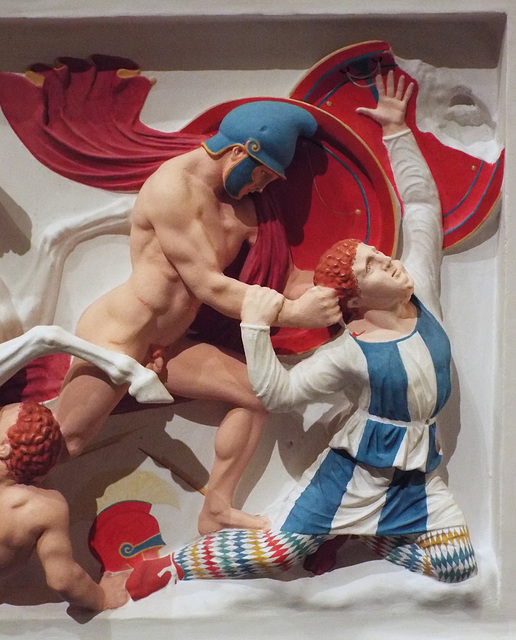 Detail of the Color Reconstruction of The Alexander Sarcophagus: Frieze with Greeks vs. Persians in the Metropolitan Museum of Art, December 2022