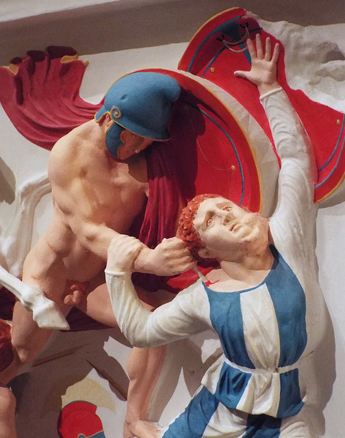 Detail of the Color Reconstruction of The Alexander Sarcophagus: Frieze with Greeks vs. Persians in the Metropolitan Museum of Art, December 2022