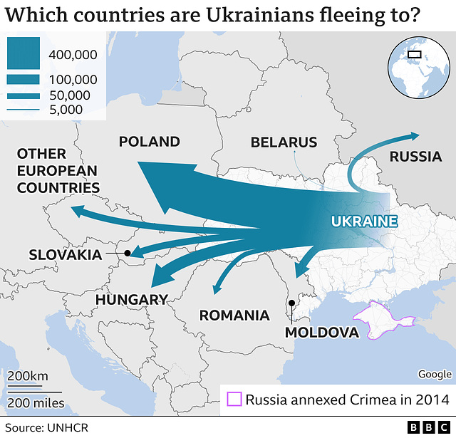 UKR - refugee flows map , 2nd March 2022