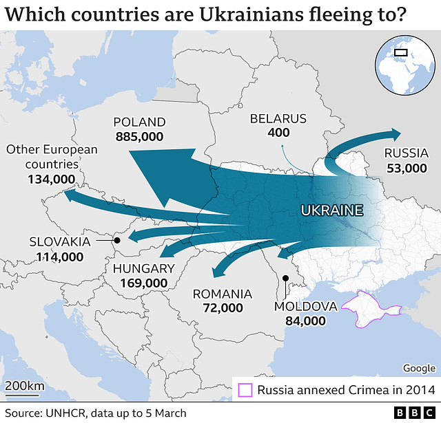 UKR - refugee flows map, 5th March 2022