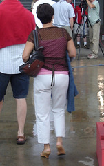 Chubby Mature in white pants and mules