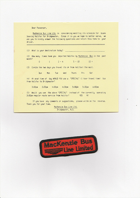 MacKenzie Bus Line survey form and uniform badge MacKenzie Bus Line survey form and uniform badge