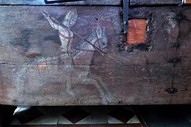 brightwell baldwin church, oxon,c14 parish chest with st george spearing a nigh on invisible dragon whilst the princess looks on