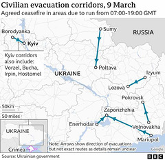 UKR - refugee evacuation routes, 9th march 2022