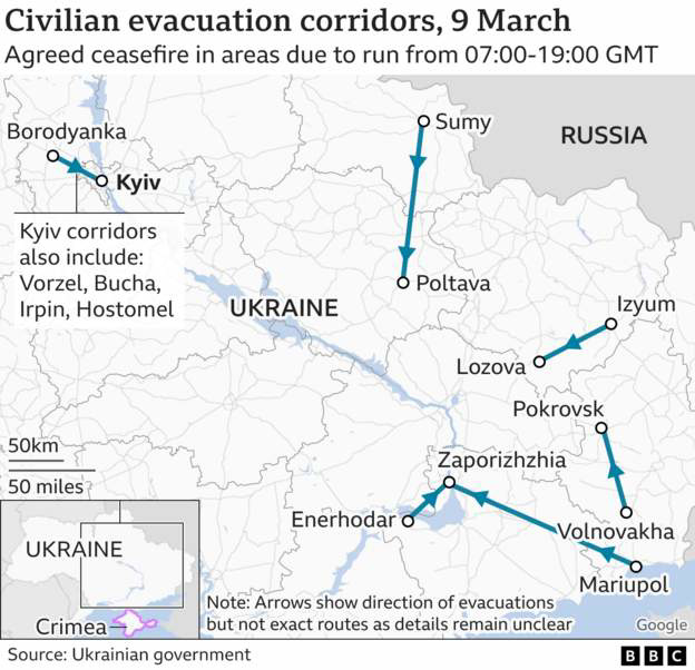 UKR - refugee evacuation routes, 9th march 2022