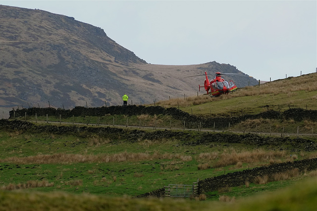 North West Air Ambulance attending an RTA at The Devil's Elbow B6105