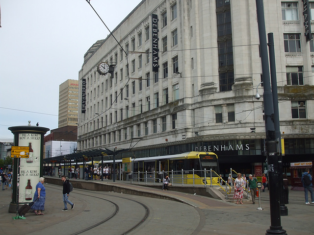 DSCF0659  Manchester Metrolink car sets 3055 and 3036 in central Manchester -  5 Jul 2015