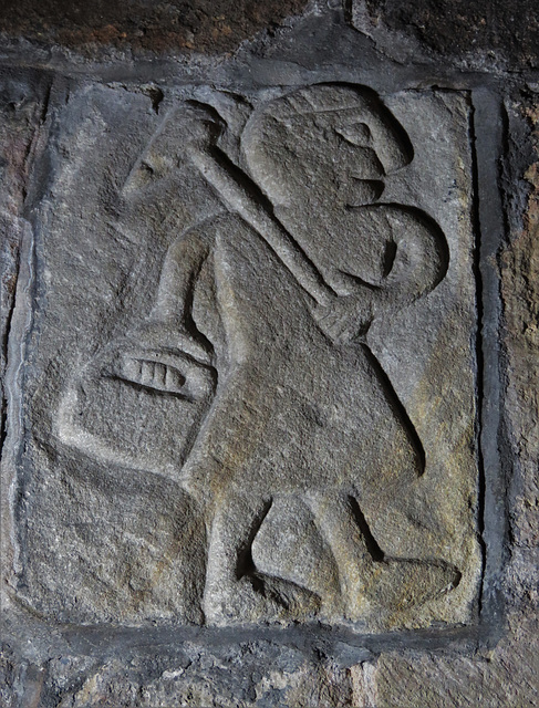 wirksworth church, derbs ; lead miner carving from bonsall, perhaps c12?