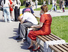 Lady in red eating ice cream