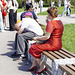 Lady in red eating ice cream