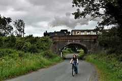 Lady on bicycle, plus a train!