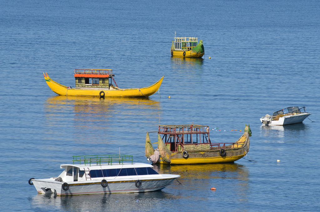 Bolivia, Titicaca Lake, Indian Boats in the Bay of Copacabana