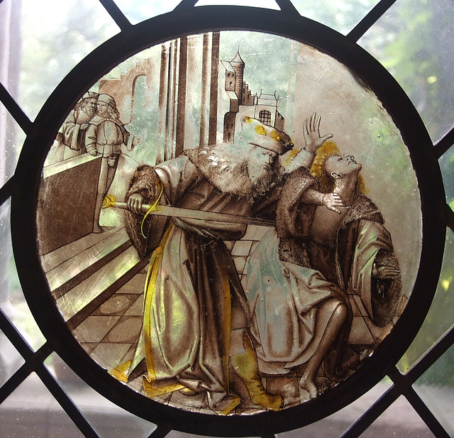 Joab Murdering Abner Stained Glass Roundel in the Cloisters, June 2011