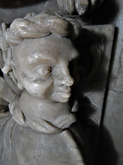 turvey church, beds  (43)saracen crest on helmet below the head of the 1st lord mordaunt on his tomb of c. 1560