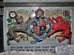 wirksworth church, derbs ; c16 tomb of anthony lowe +1555; royal arms with pomegranate referring to service with henry viii