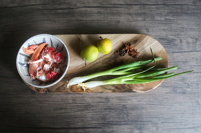 making lobster salad with greengages