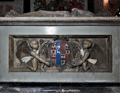 wirksworth church, derbs ; c16 tomb of anthony lowe +1555; angels with heraldry