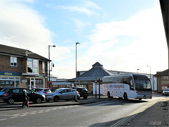 Ambassador Travel (NX contractor) 218 (BV19 XOZ) leaving Mildenhall bus station - 1 Dec 2021 (P1100120)